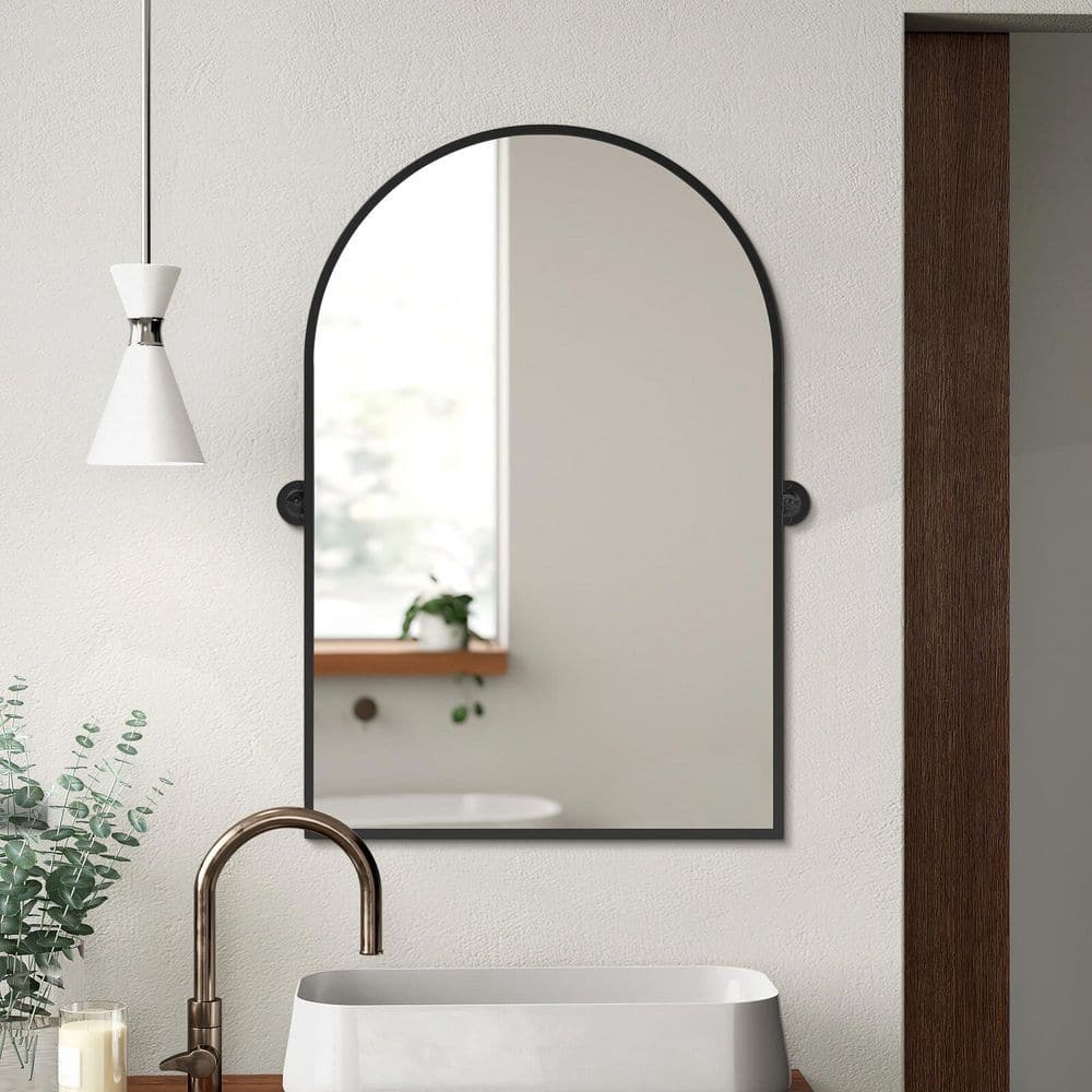 NEUTYPE 24 in. W x 31.5 in. H Modern Arch-Top Metal Framed Black Pivoted Wall Vanity Mirror A-MR01070