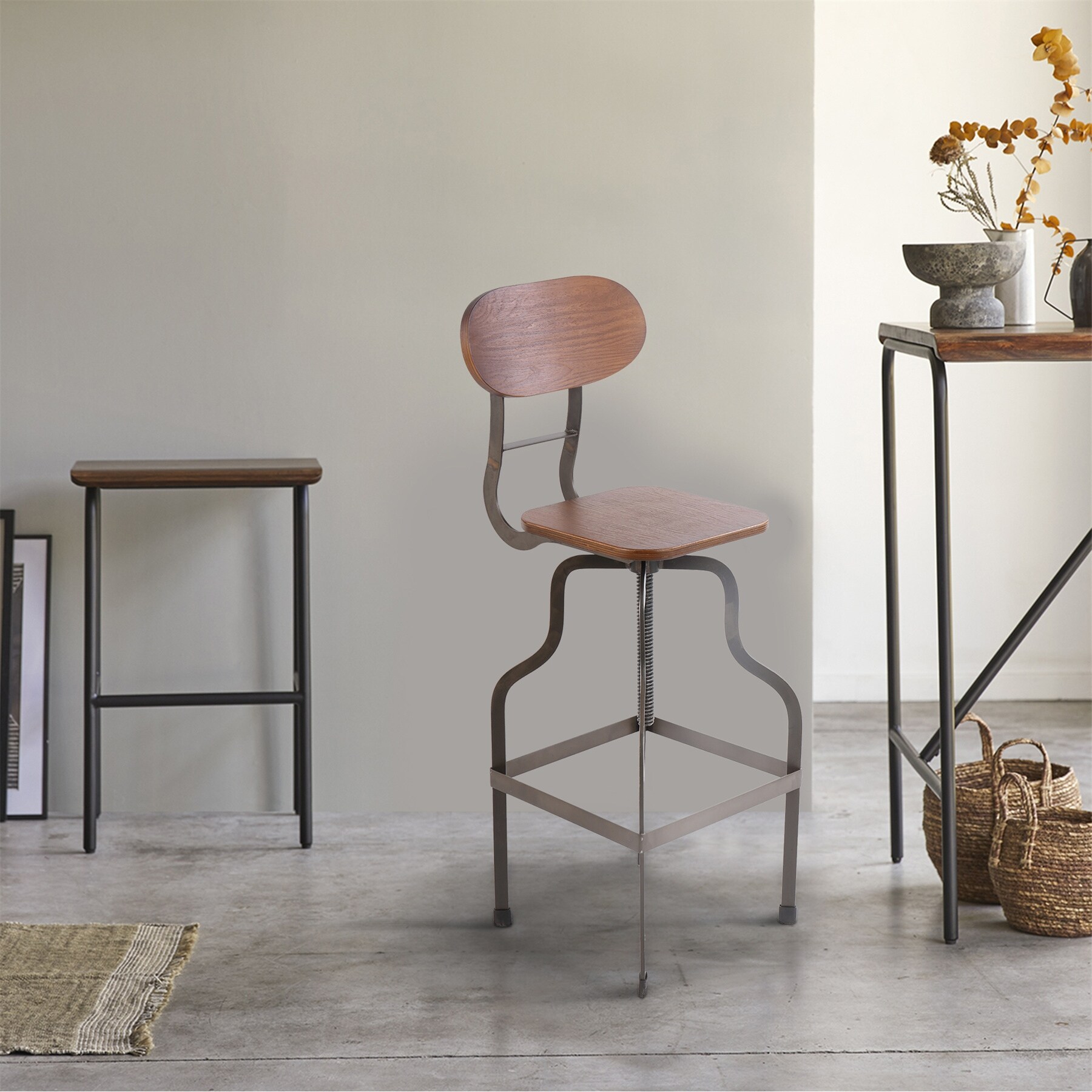 Gray and Brown Industrial Style Wooden Swivel Bar Stool With Metal Base