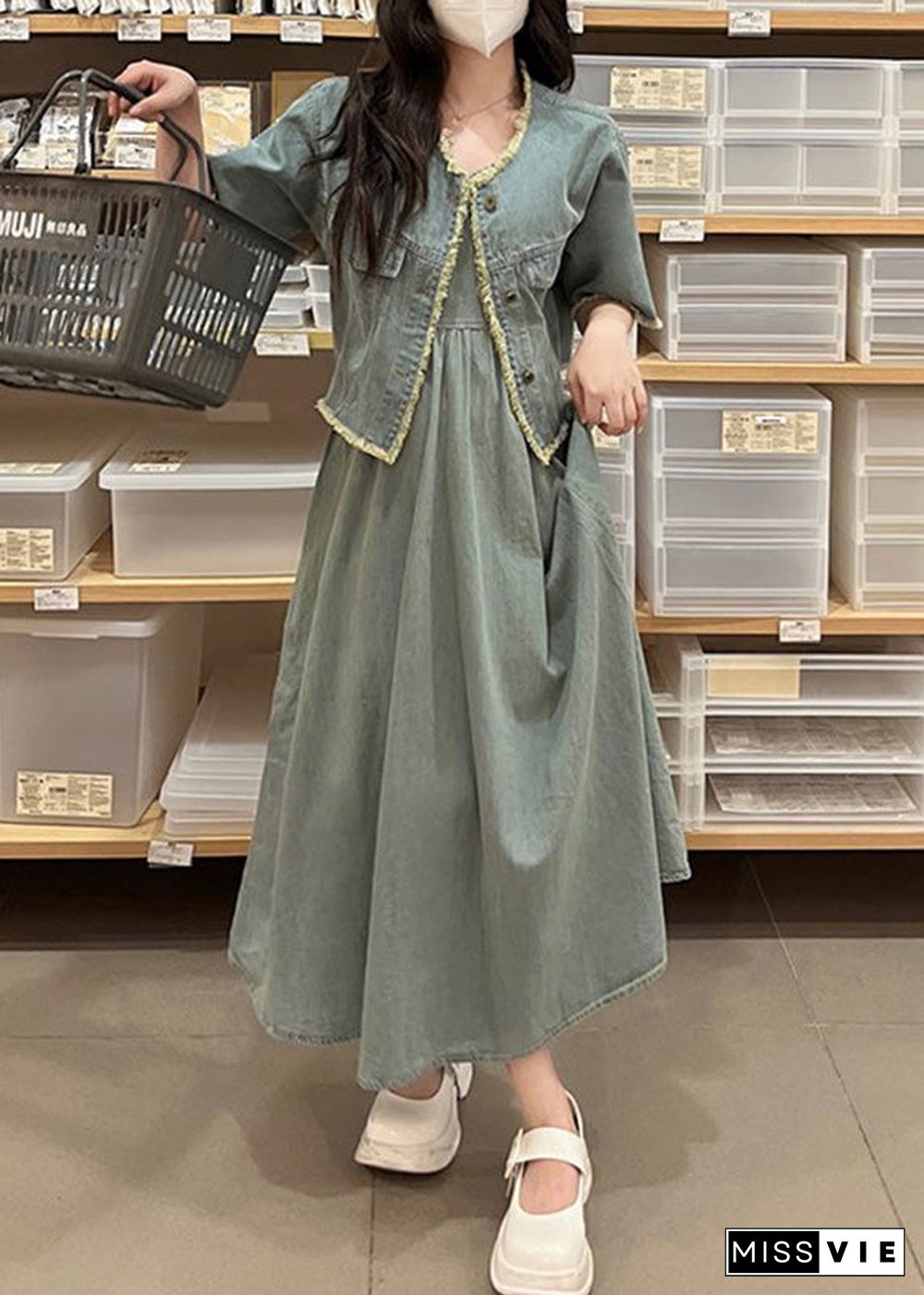 Vintage Denim Blue O-Neck Patchwork Coats And Long Dress Two Piece Set Short Sleeve