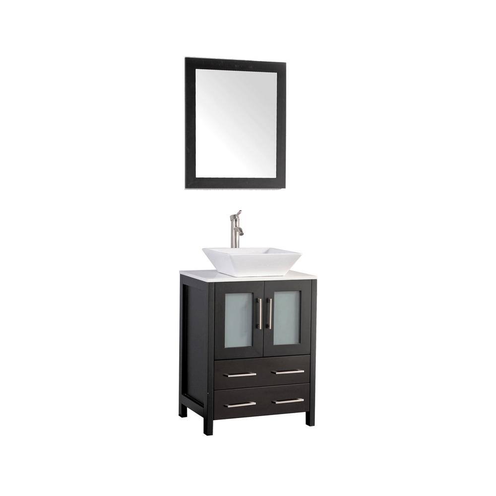 Vanity Art Ravenna 24 in. W Bathroom Vanity in Espresso with Single Basin in White Engineered Marble Top and Mirror VA3124-E