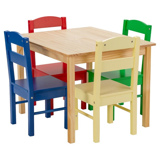 Costway Kids 5 Piece Table Chair Set Pine Wood Multicolor Children Play Room Furniture