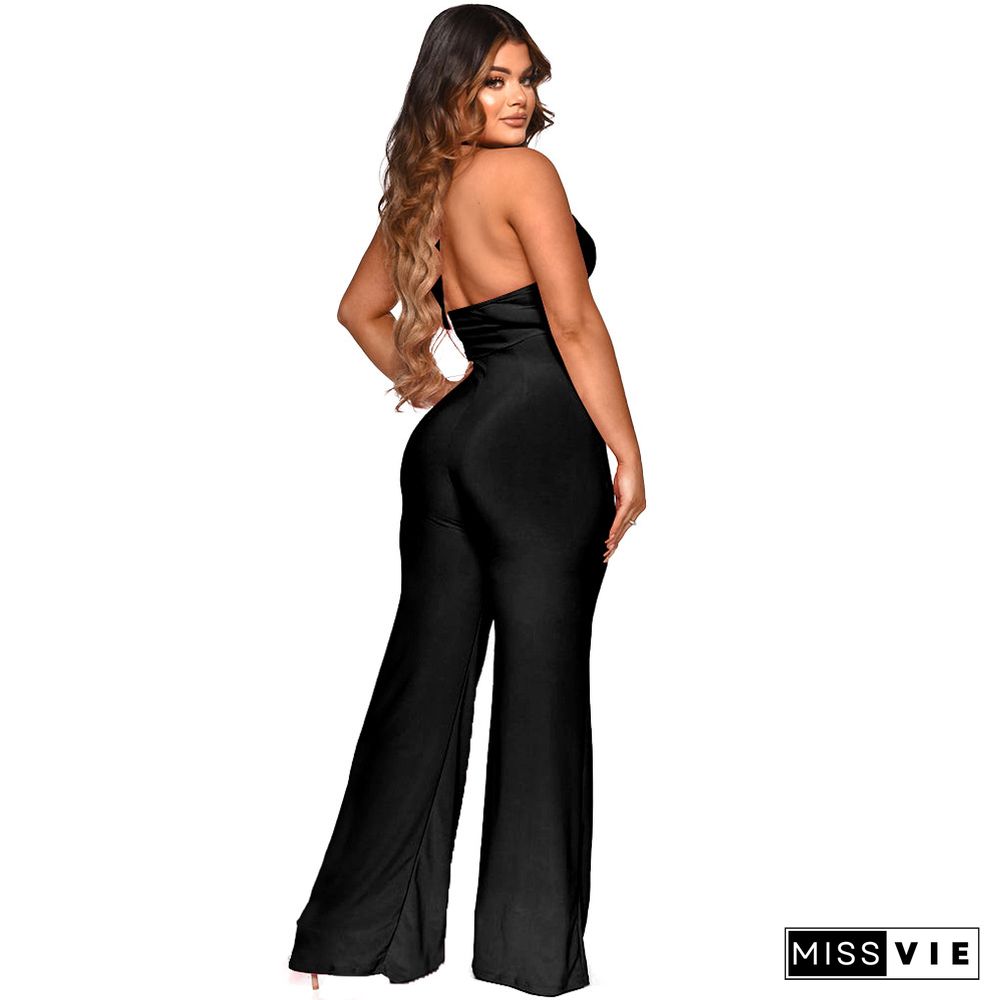 Cut Out Halter Neck Backless Wed Leg Jumpsuit