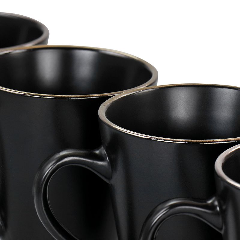 Elama Paul 6 Piece Stoneware Mug Set in Matte Black with Gold Rim