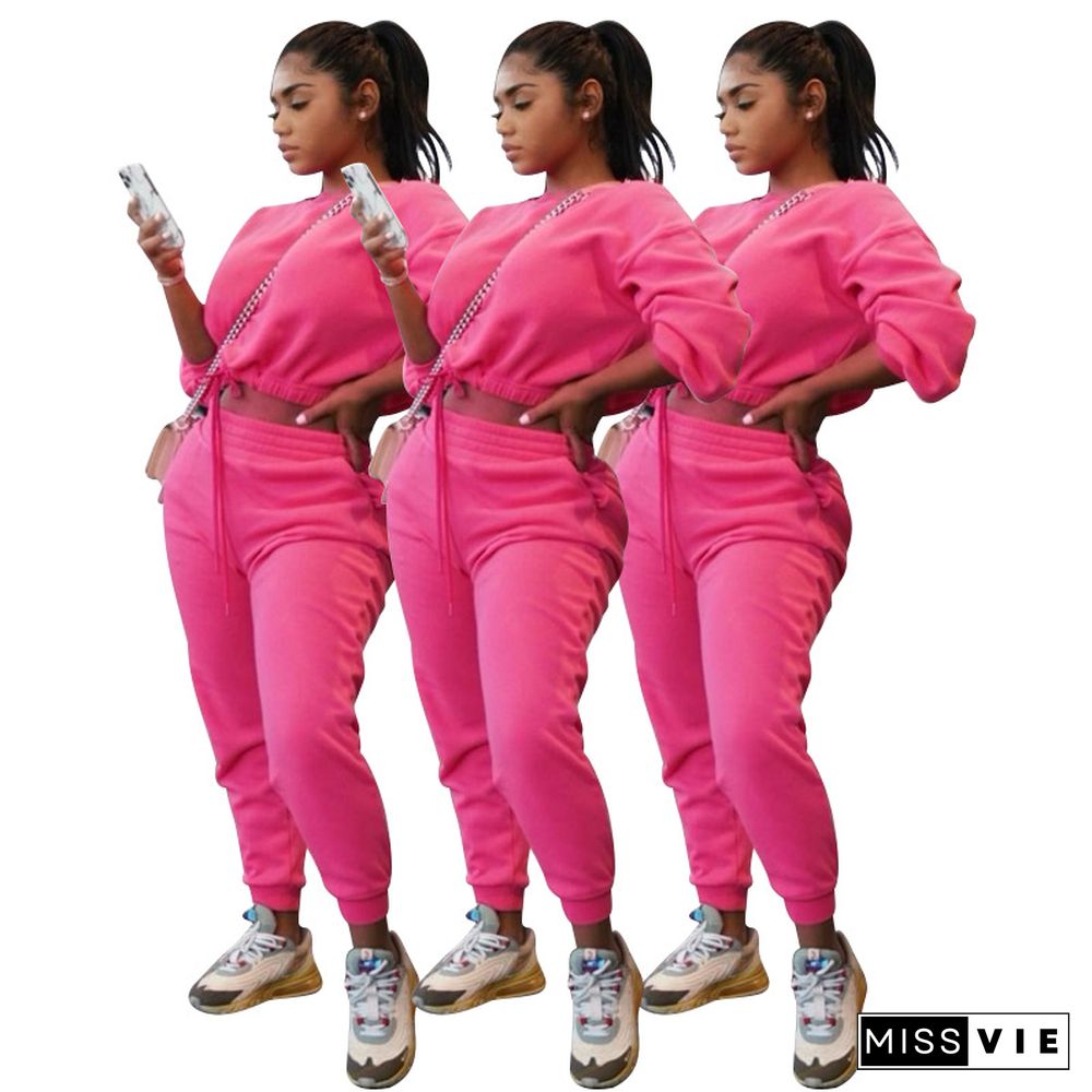 Solid Long Sleeve Crop Tops Joggers Pants Suit