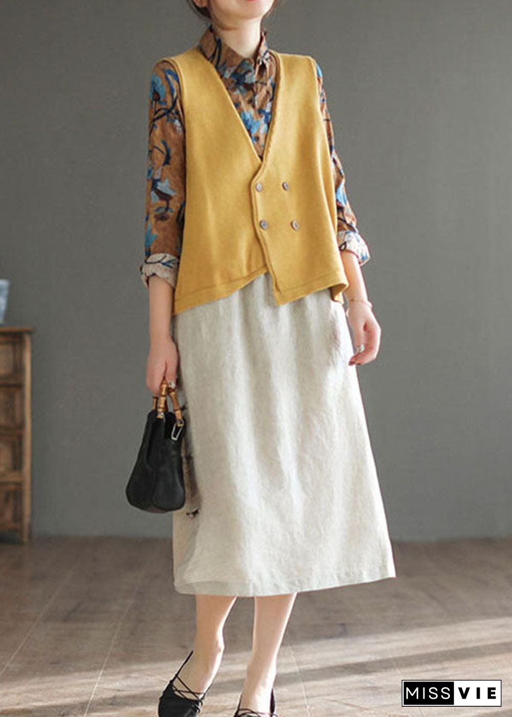 Vintage Beige Chinese Button Patchwork Linen Skirts Spring