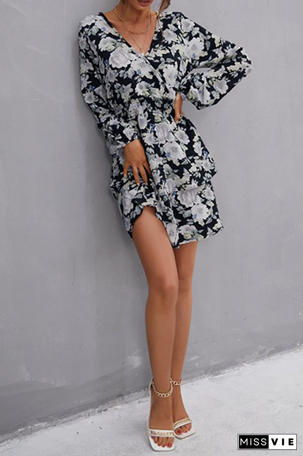 Elegant Floral Split Joint V Neck Waist Skirt Dresses