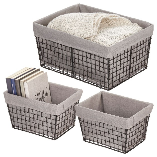 Mdesign Metal Household Storage Basket With Fabric Liner Set Of 3