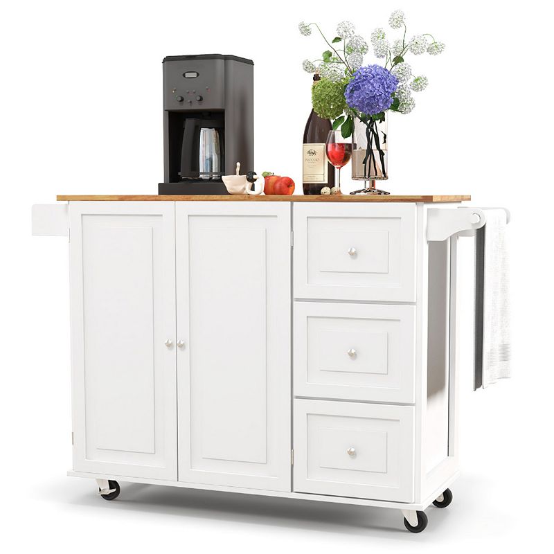 Kitchen Island Trolley Cart Wood with Drop-Leaf Tabletop and Storage Cabinet