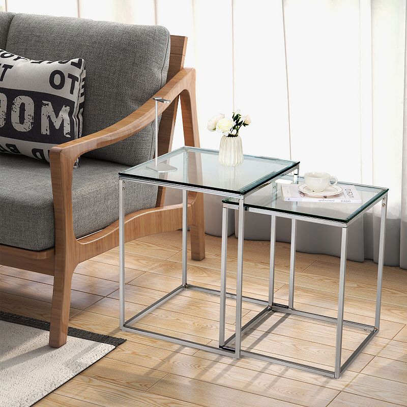 2 Pieces Modern Nesting Coffee Table with Tempered Glass Top and Steel Frame-Sliver