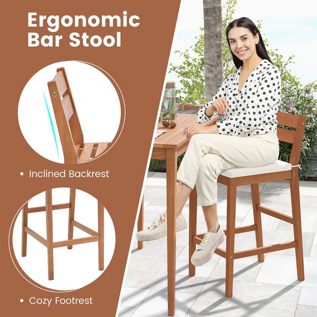 Tangkula Patio Eucalyptus Wood Bar Stools Set Of 2 Outdoor Bar Height Patio Chairs W Cushions