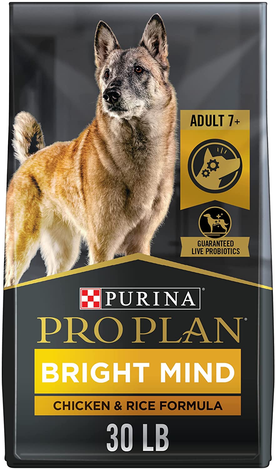 Purina Pro Plan Senior Dry Dog Food With Probiotics for Dogs， Bright Mind 7+ Chicken and Rice Formula - 30 lb. Bag