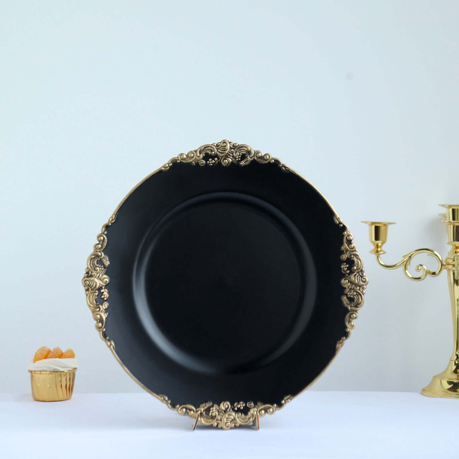 6 Pack Matte Black Gold Embossed Baroque Round Charger Plates With Antique Design Rim 13