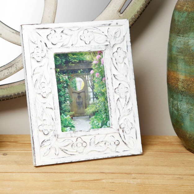 Mango Wood Floral Handmade Intricate Carved 1 Slot Photo Frame White Olivia amp May