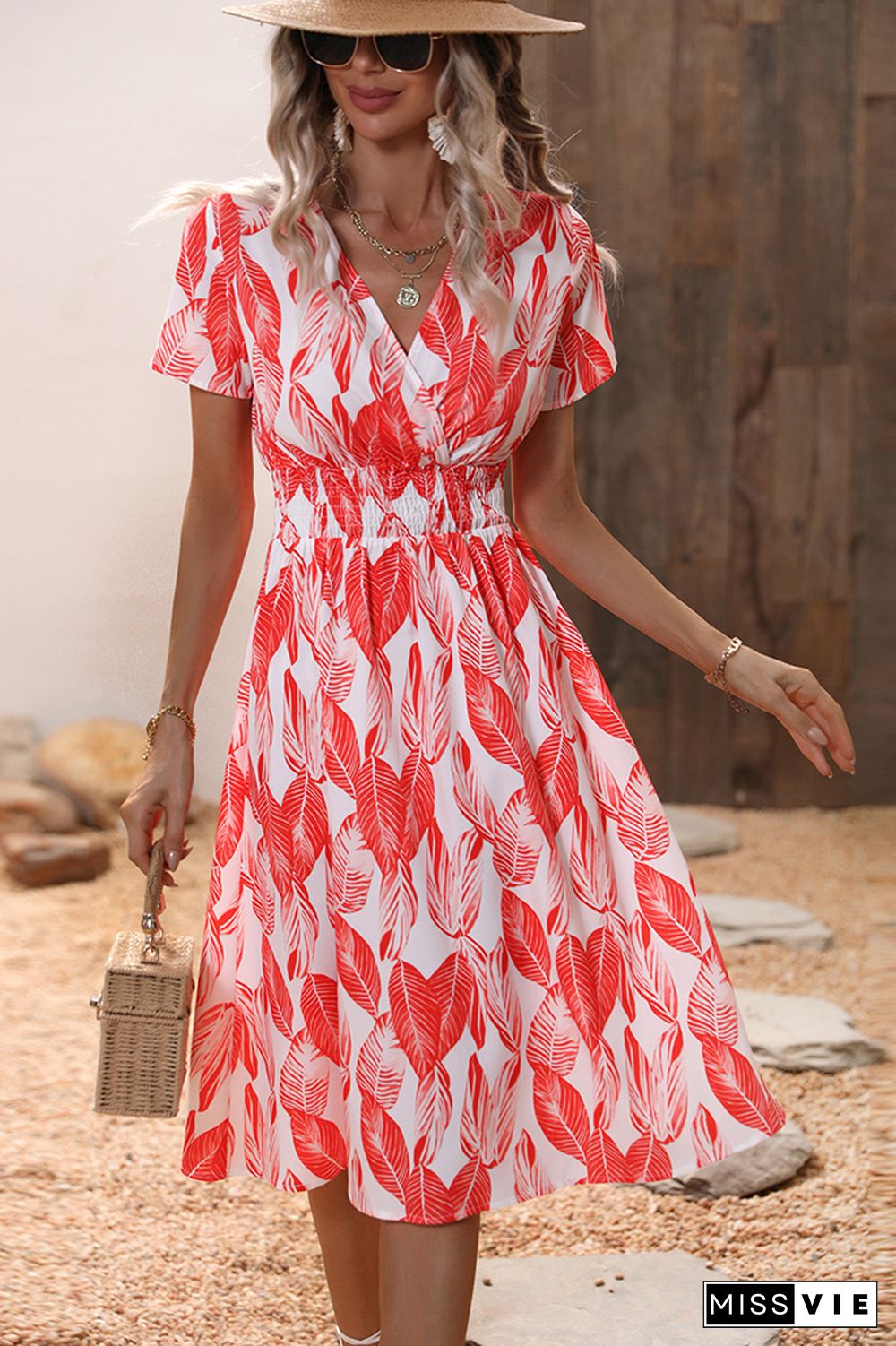 V Neck Smocked Waist Midi Floral Dress