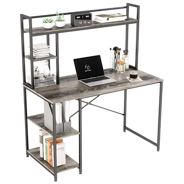 Bestier Computer Home Office Desk With Metal Frame Hutch Bookshelf Under Desk Storage And Working Table For Small Bedroom Space