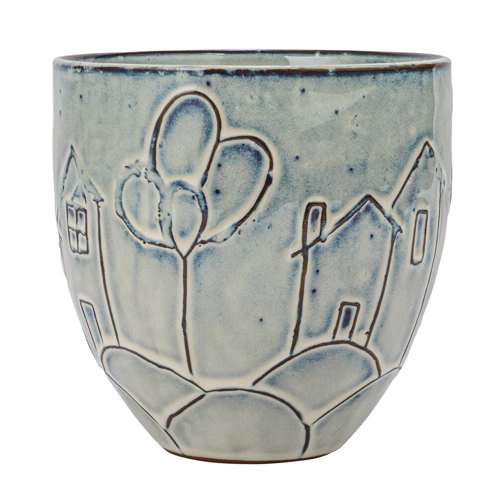 Debossed Stoneware Planter with House and Balloons Design   5.3\