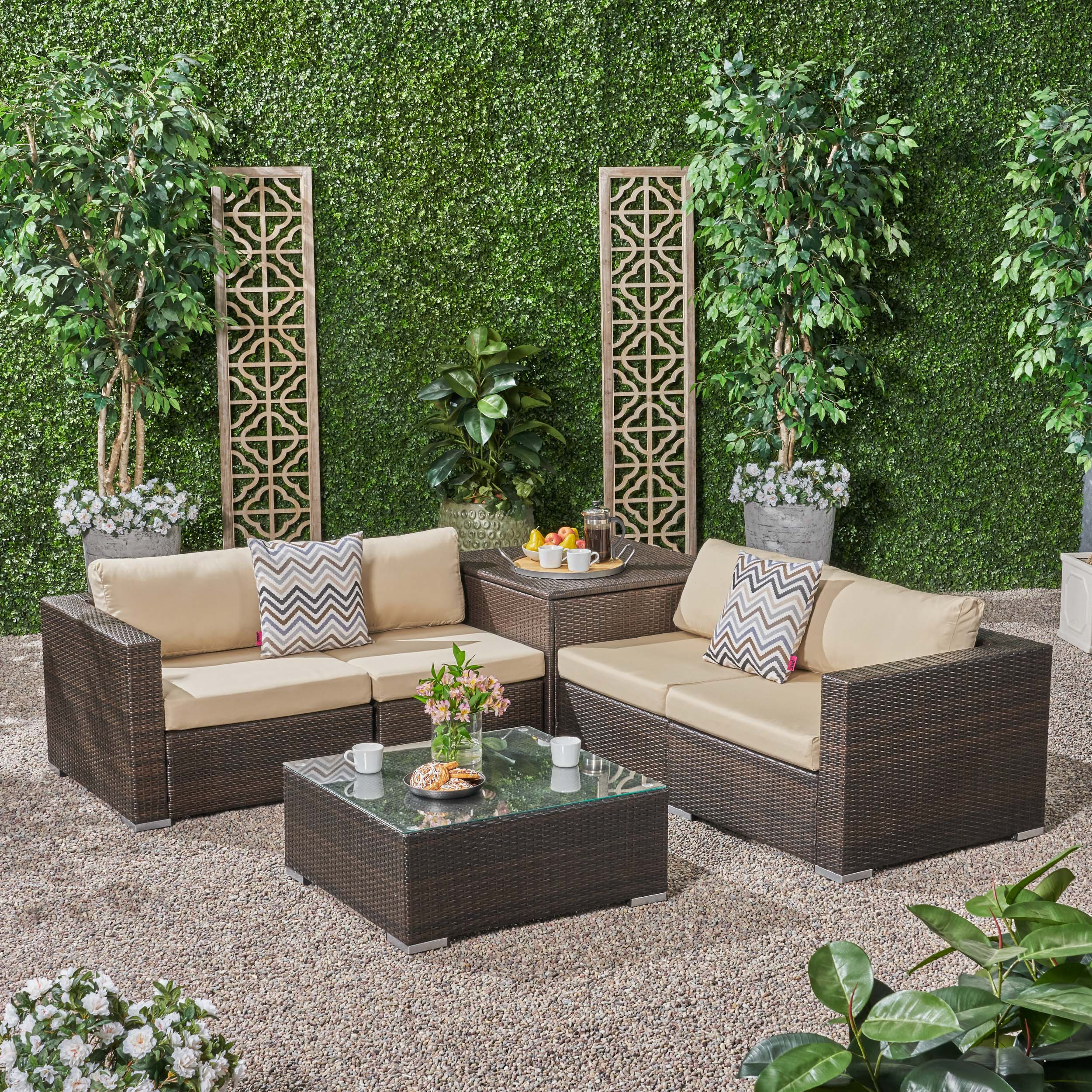 Kyra Outdoor 4 Seater Wicker Sofa Set with Storage Ottoman and Sunbrella Cushions