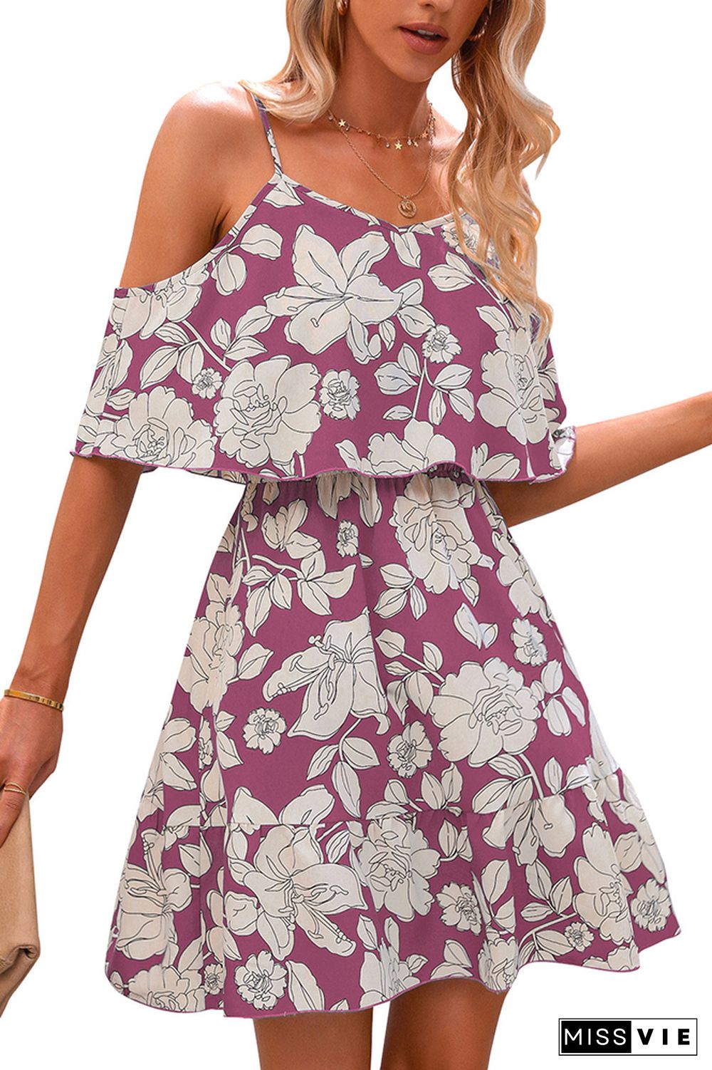 Floral Print Slip Ruffles Chiffon Dress Wholesale