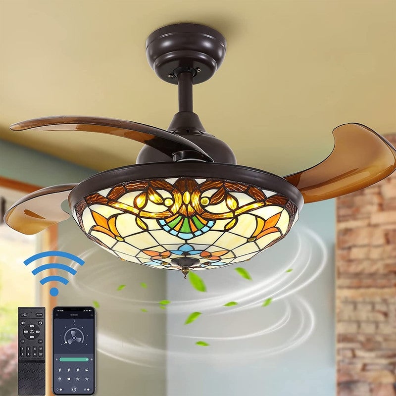 36'' Retractable  Ceiling Fan with Light and Remote Reversible Stained Chandelier Fan with Dimmable LED Light Shopping - The Best Deals on Ceiling Fans | 40911142