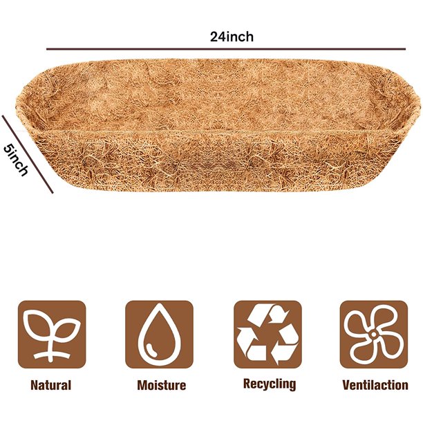 2 Pcs 24" Trough Coco Fiber Replacement Liner, Pre-Formed Window Basket Coco Liner, Natural Coconut Coir Planter for Wall Hanging Basket, Window Box, Flower Pot, Fence, Railing