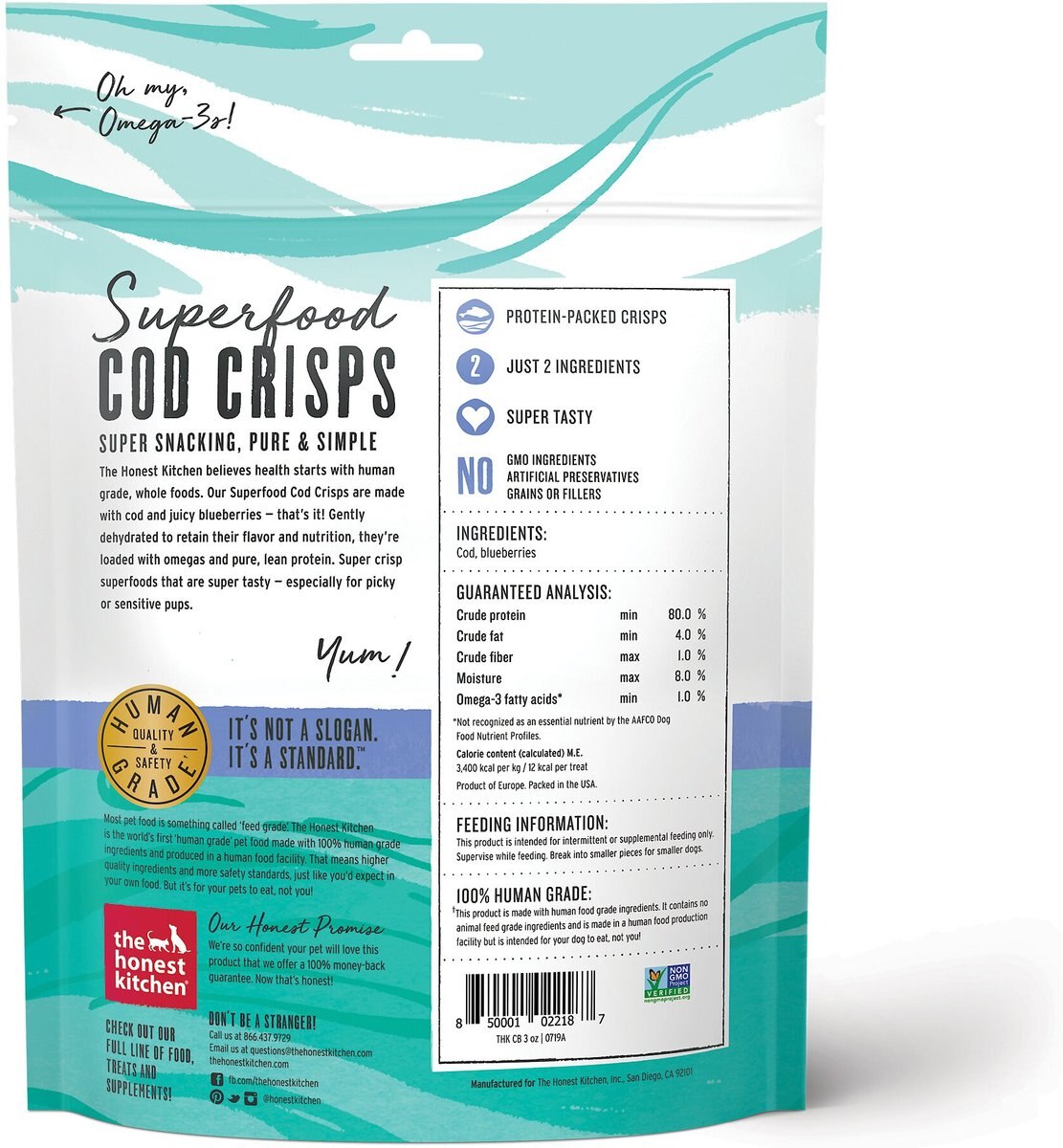 The Honest Kitchen Superfood Cod Crisps Cod and Blueberry Dehydrated Dog Treats