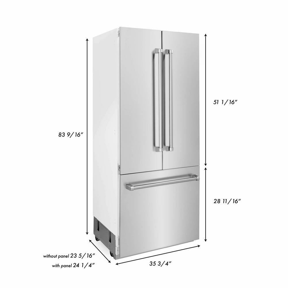 ZLINE Kitchen and Bath 36 in. 19.6 cu. ft. Built-In 3-Door French Door Refrigerator with Internal Water Ice Dispenser in Stainless Steel RBIV-304-36