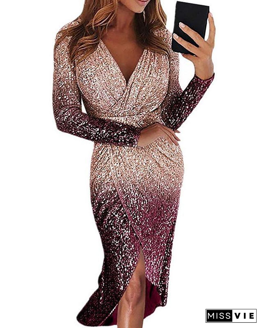 Women's Bodycon Long Sleeve Color Gradient Color Block Sequins Asymmetric Elegant Sexy Black Blue Purple Red Yellow Blushing Pink Gold Silver S M L XL XXL