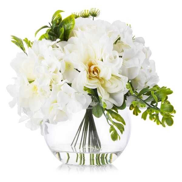 Enova Home Cream Artificial Silk Hydrangea Roses and Peony Mixed Fake Flowers in Round Clear Glass Vase for Home Decoration