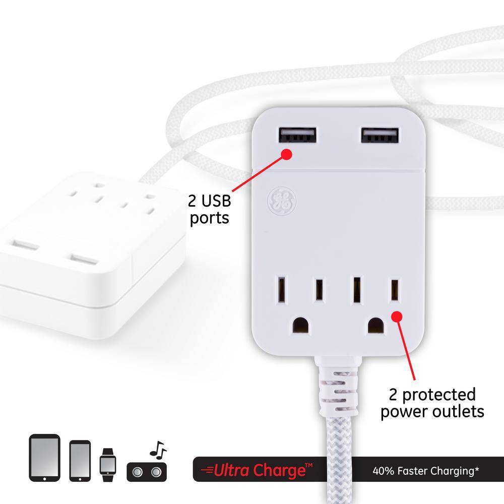 GE 10 ft. 163 Designer 250J 2-Outlet Surge Protector Power Strip with USB White 38432