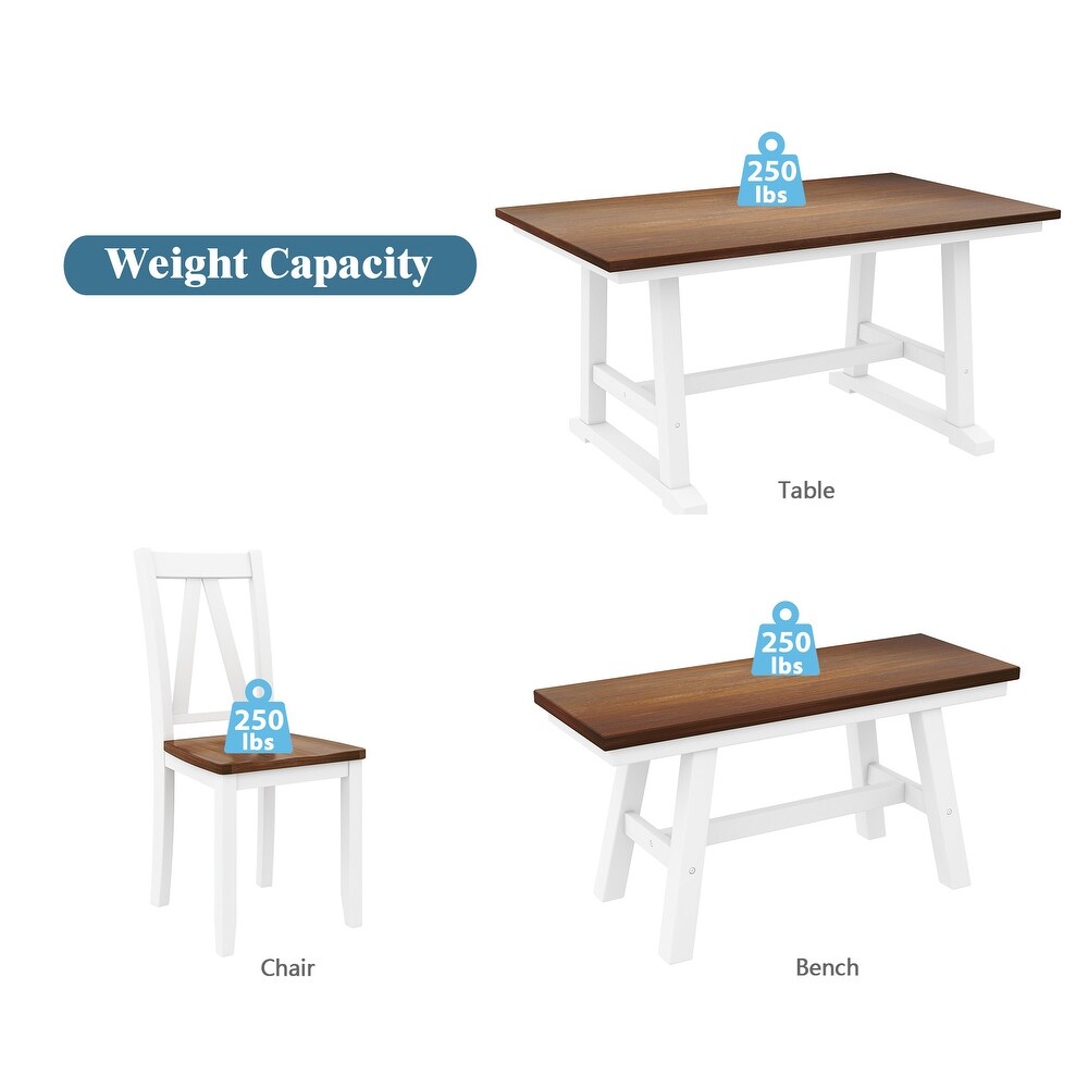 White 6 Piece Wood Dining Table Set with Long Bench and Chairs