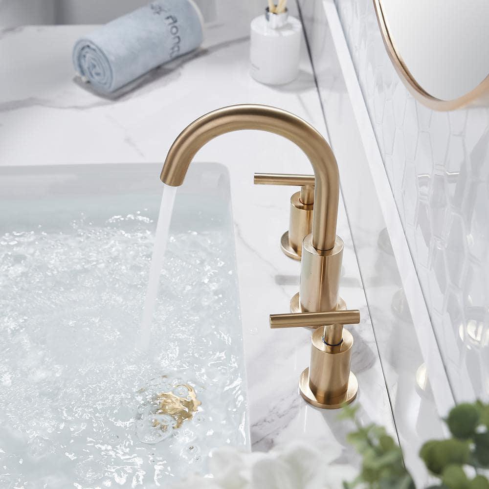 FORIOUS TwoHandle Bathroom Faucet 3Hole Widespread Bathroom Sink Faucet with Metal Drain and Supply Hose Gold