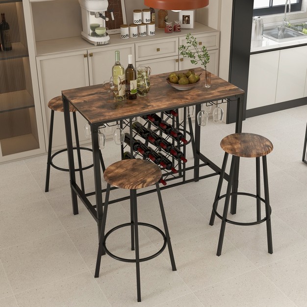 Tangkula 5 piece Bar Height Dining Set 4 person Bar Table And Stools Set With Wine Racks amp Glass Holders Home Kitchen Breakfast Table Set