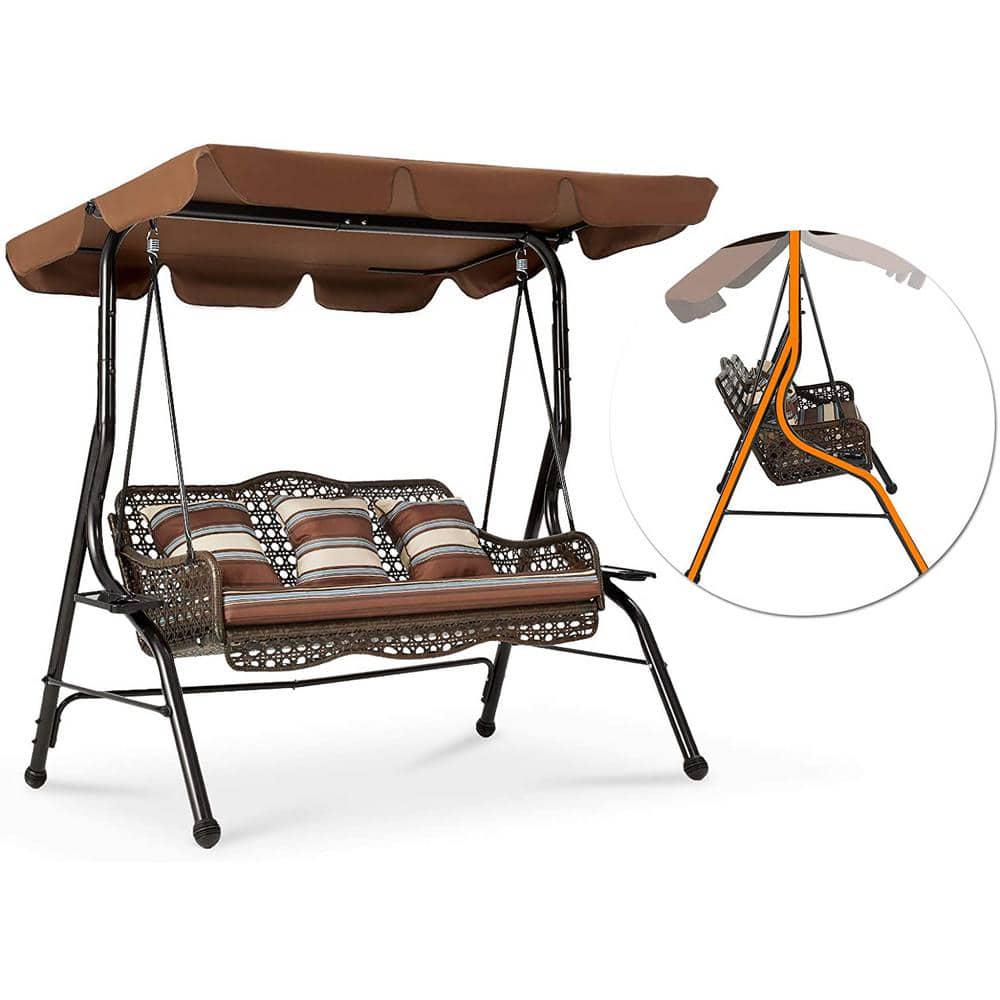 AECOJOY Brown 3Person Wicker Outdoor Patio Swing with Cushion and Pillows