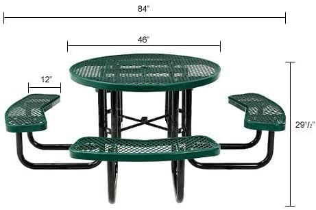 46 inch Expanded Metal Round Picnic Table with Attached Benches for 4-6 People