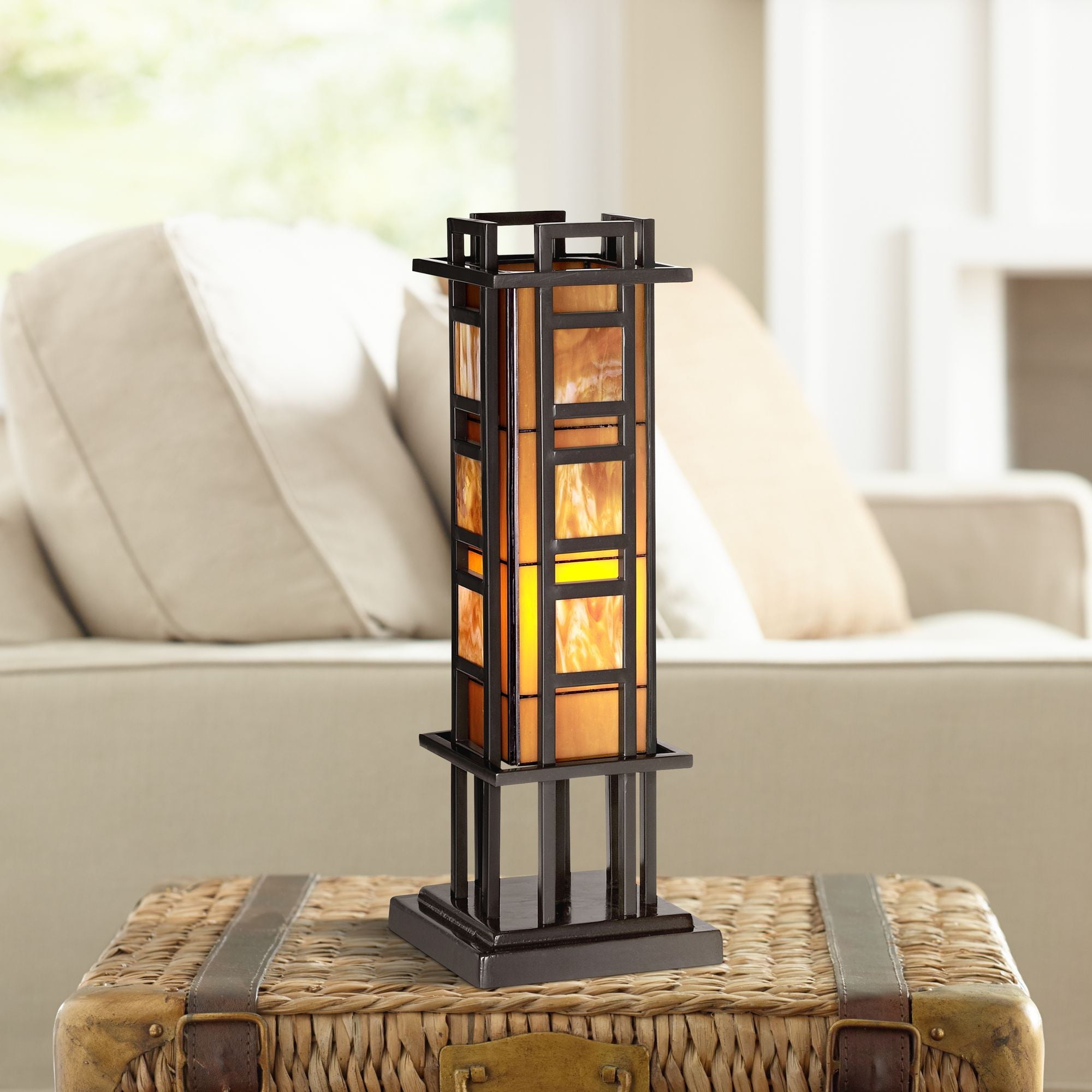 Robert Louis Tiffany Mission Accent Table Lamp Bronze Iron Column Amber Stained Glass for Living Room Family Bedroom Office