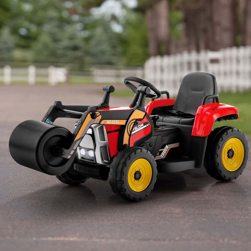 12V Kids Ride On Road Roller with Drum Roller, Battery Powered Electric Tractor RC Construction Vehicle