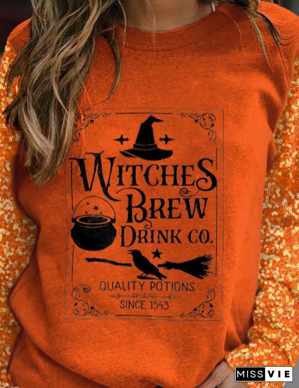 Witches Brew Drink Graphic Patchwork Sequin Sleeve Tee