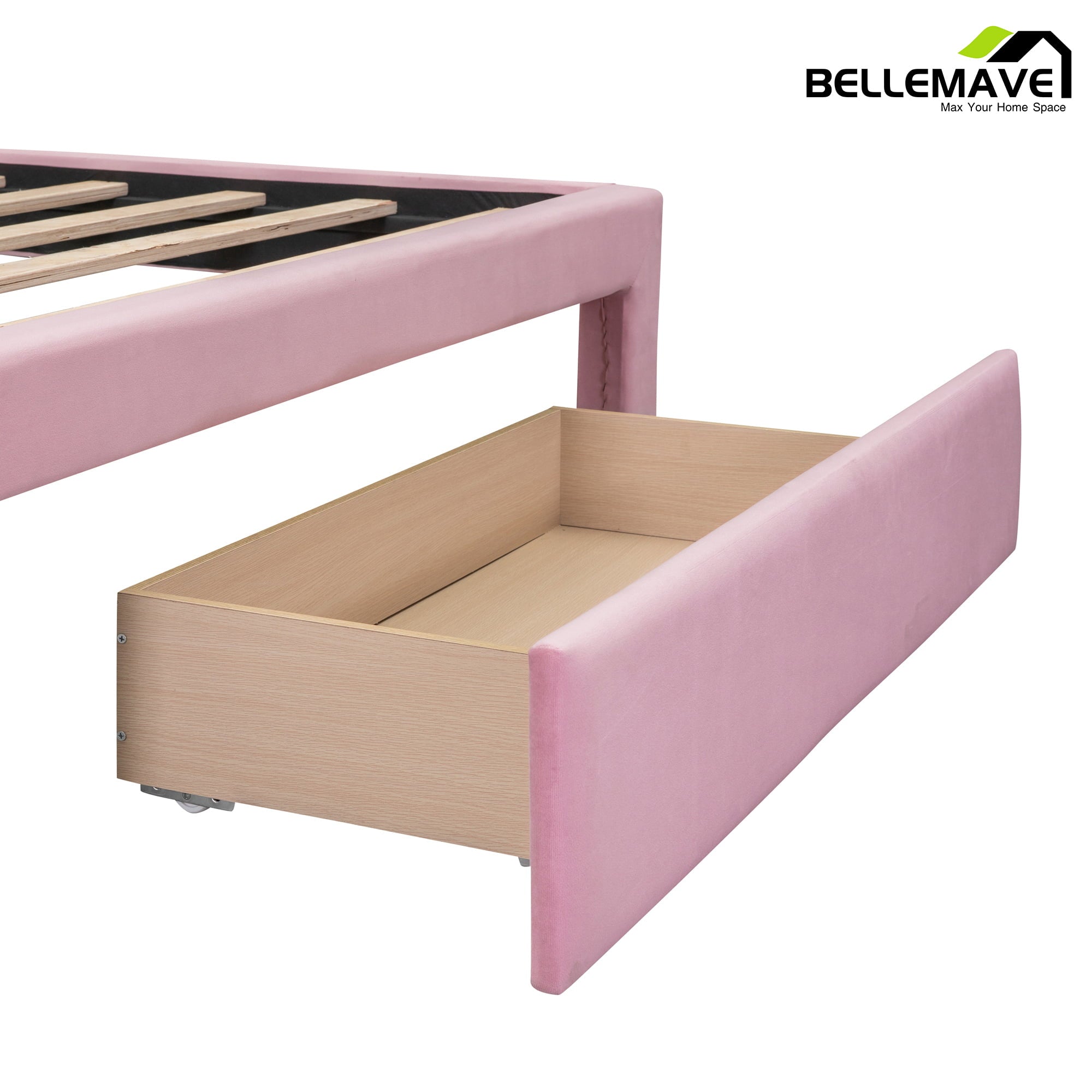 Bellemave Full Size Pink Velvet Upholstered Platform Bed with One Spacious Drawer and Wood Slats, Wood Frame Full Size Paltform Bed for Kids Teen Adults