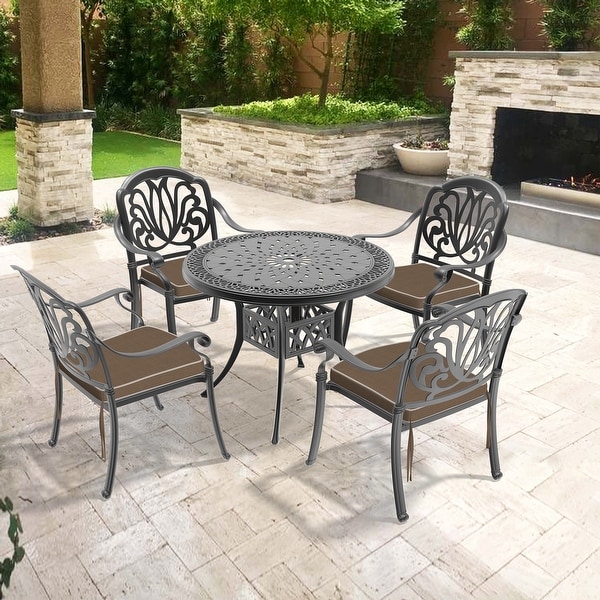 3/5Piece Cast Aluminum Outdoor Dining Set with 35.43 in. Round Table and Random Color Cushions