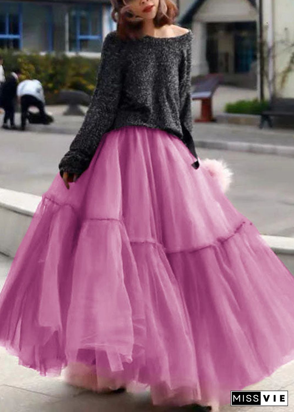 Women Grey Ruffled Tulle Cinched Circle Fall Skirt