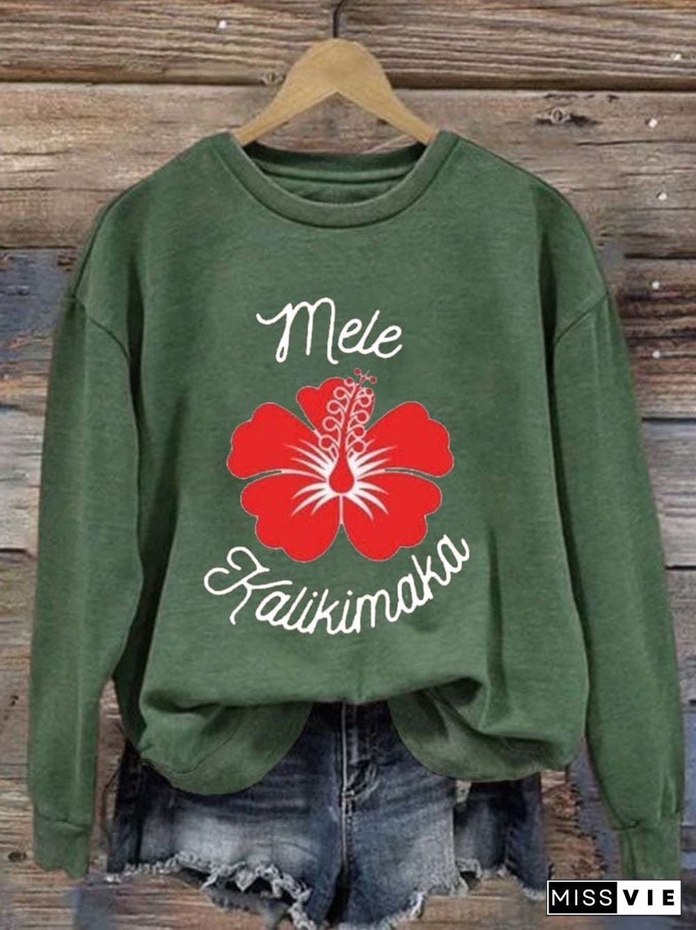 Women's Mele Kalikimaka Hawaiian Christmas Print Casual Long Sleeve Sweatshirt