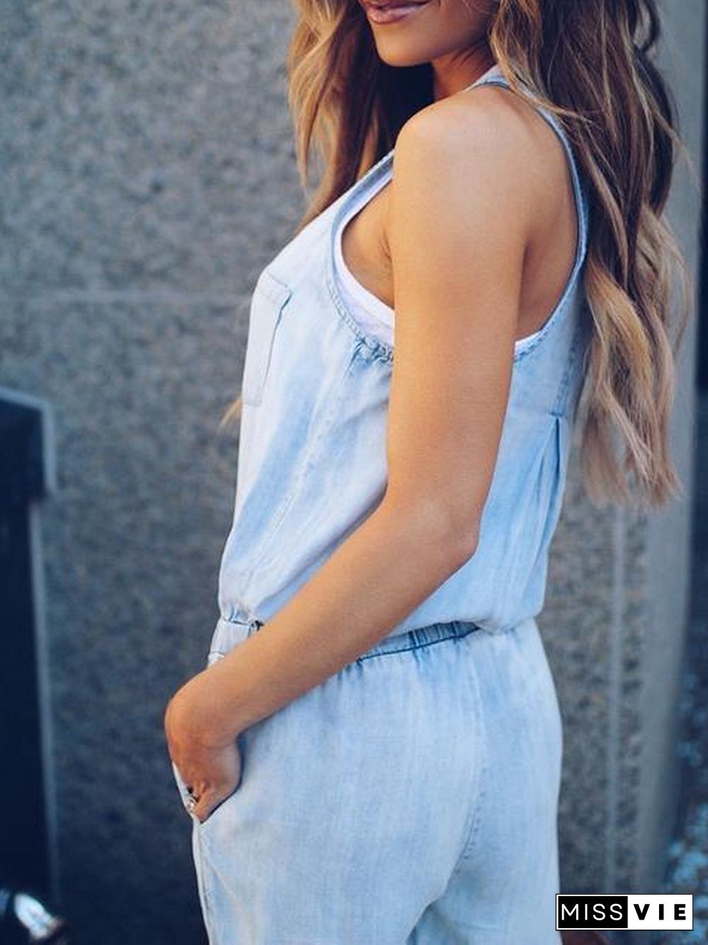 Slim Sleeveless Waistband Denim Jumpsuit