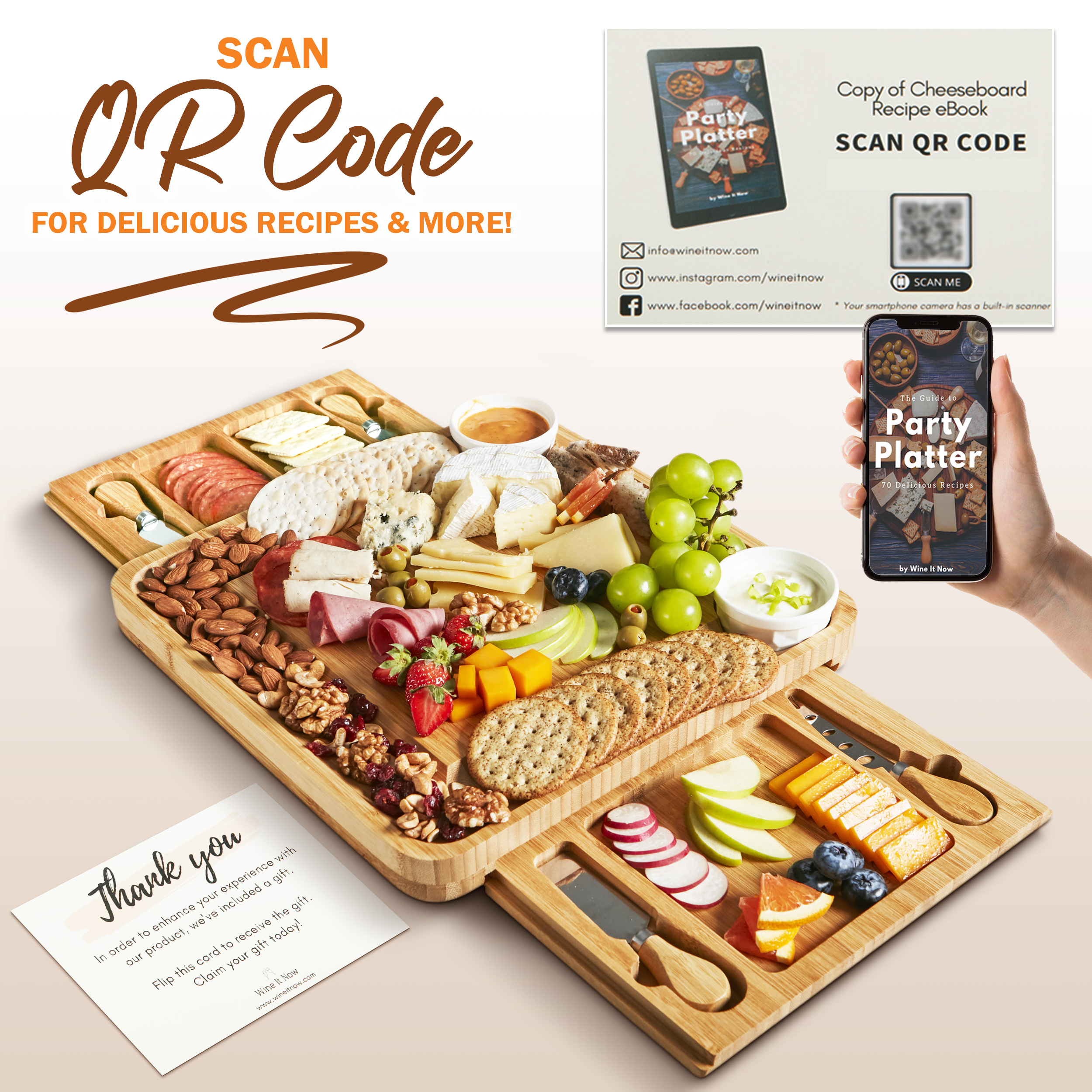 Wine It Now Bamboo Charcuterie Board Set with Slide-Out Drawers and Tools