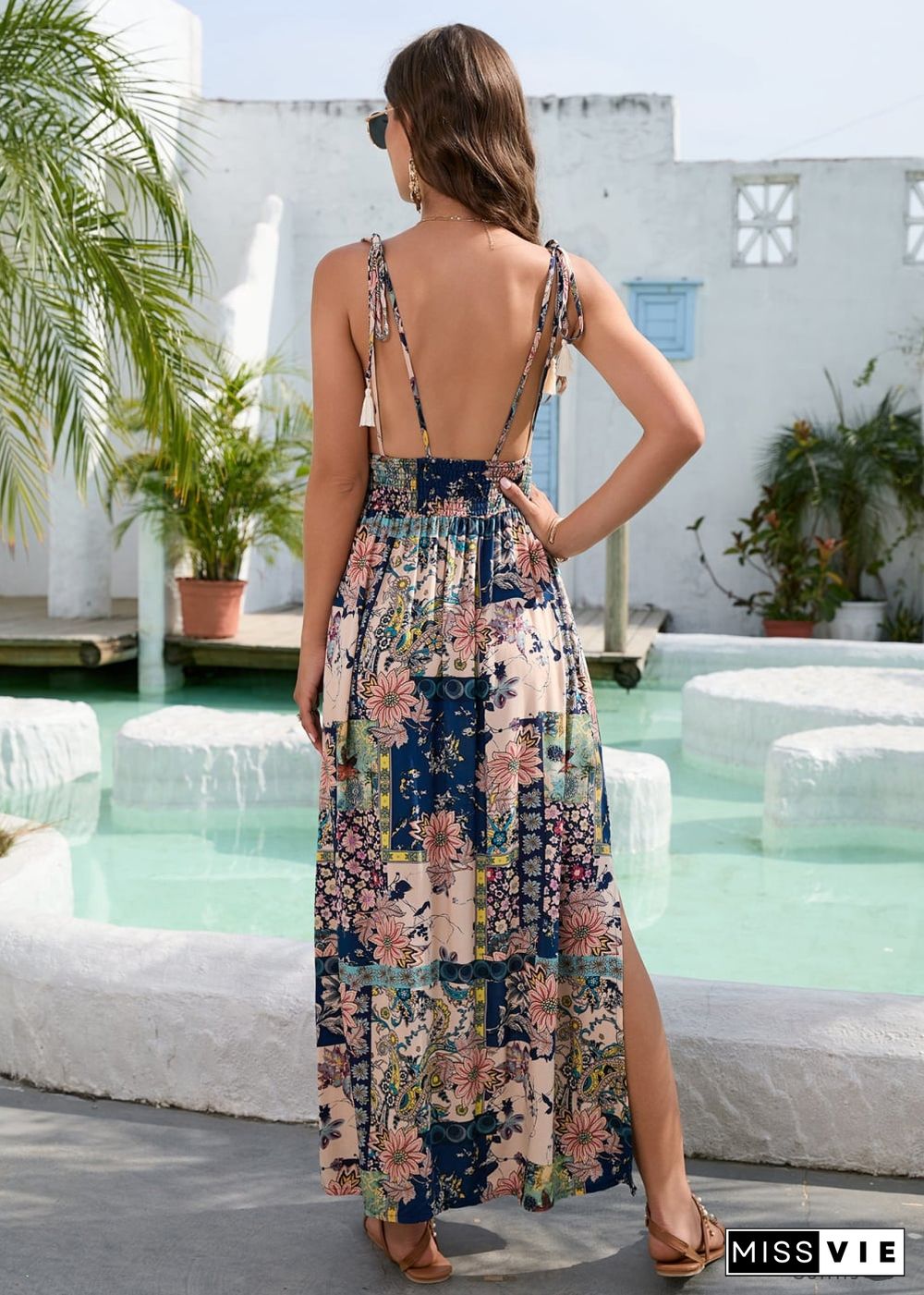 Boho Deep V Backless Retro Slit Dress Camila