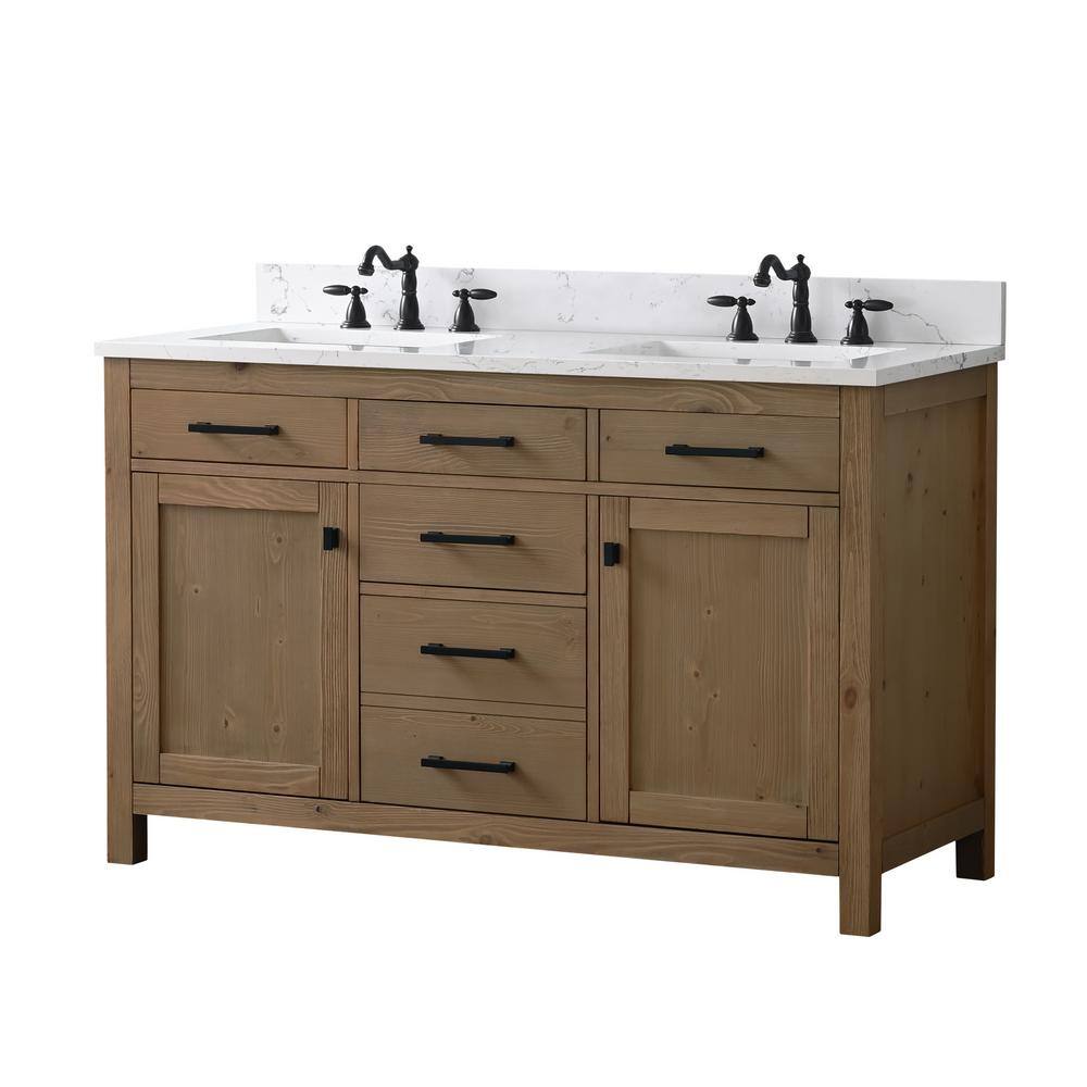 SUDIO 54 in. W x 22 in. D x 34 in. H Bath Vanity in Textured Natural with Carrara White Engineered Stone Top with Basins Jasper-54TN-D-E