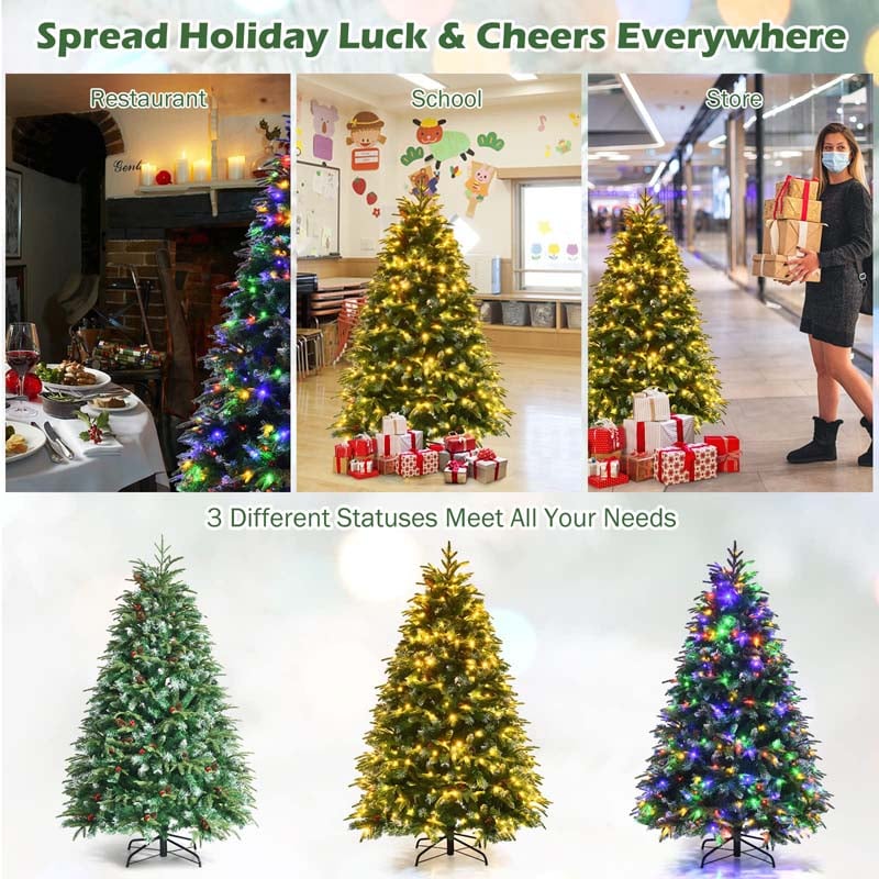 5/6/7/9FT Snowy Leaves Pre-Lit Hinged Artificial Christmas Tree with 11 Flash Modes & Multi-Color Lights