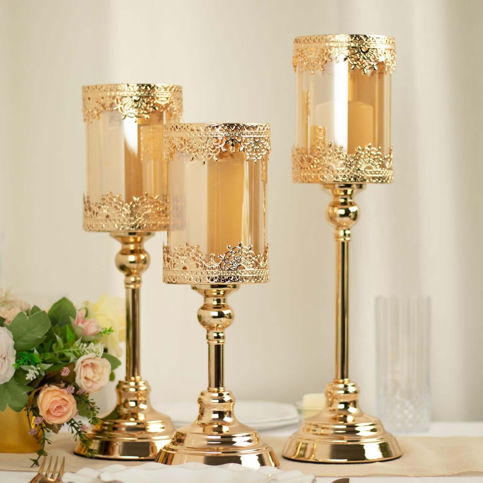 Set of 3 Antique Gold Lace Design Votive Candle Stands, Hurricane Glass Pillar Candle Holders 13