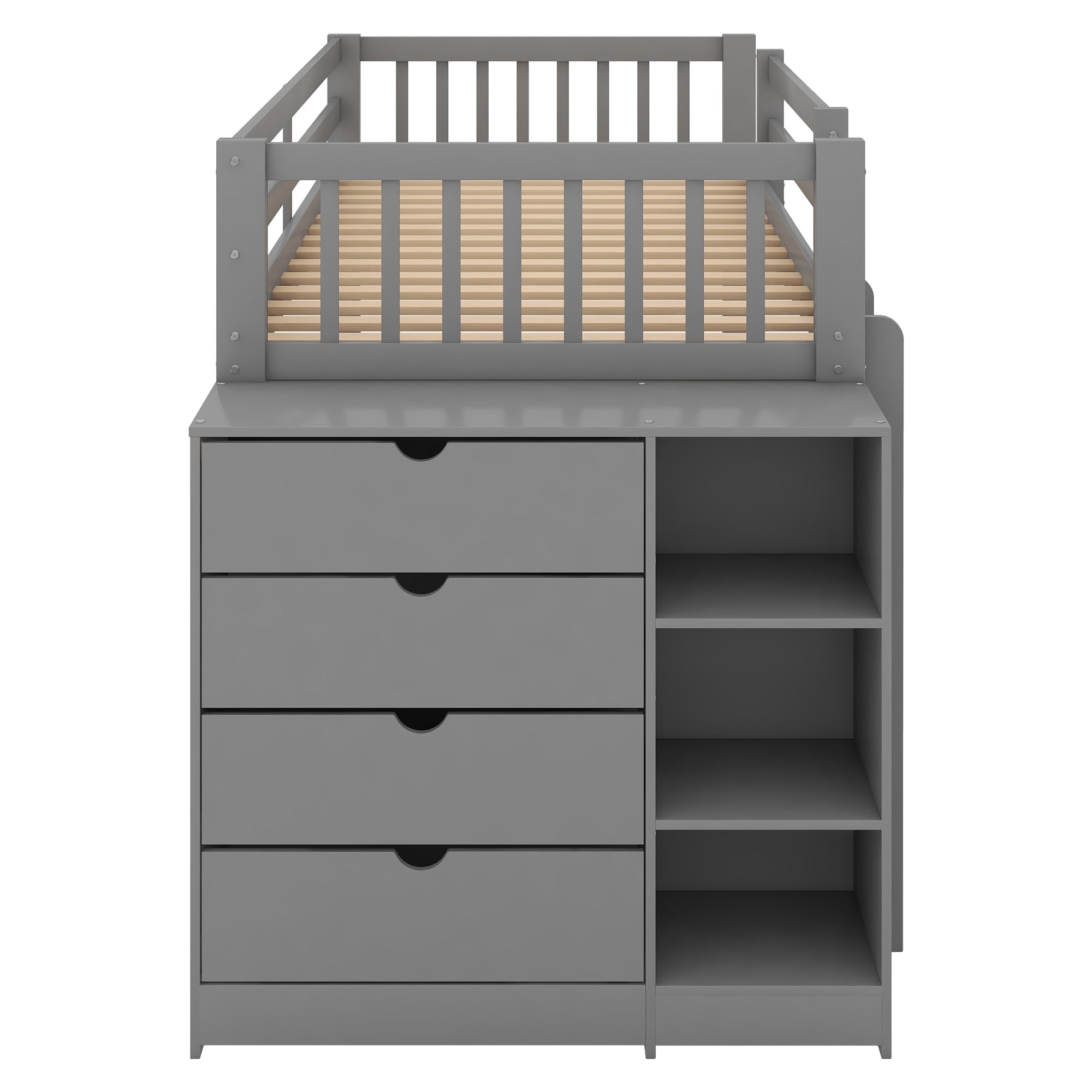 Euroco Twin over Twin Bunk Bed with Attached Cabinet and Storage Shelves for Kids, Gray