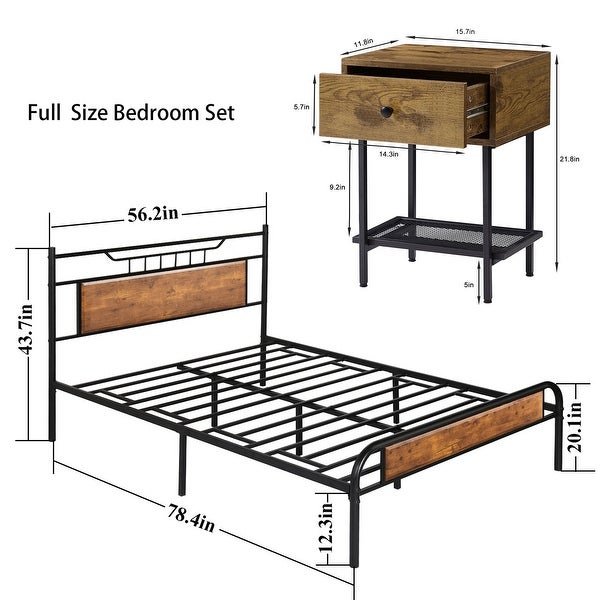 Industrial 3-Pieces Bedroom Set Platform Bed Frame and Nightstands Set of 2 - - 36913922