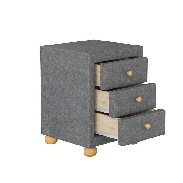 Upholstered Storage Nightstand with 3 Drawers and Natural Wood Knobs - - 36389189